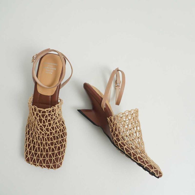 Fashion 2025 Summer New Luxury Designer Women's Sandals Lace Mesh Square Toe Shallow Narrow Strap Braided Slip-on Strange Style Sandals