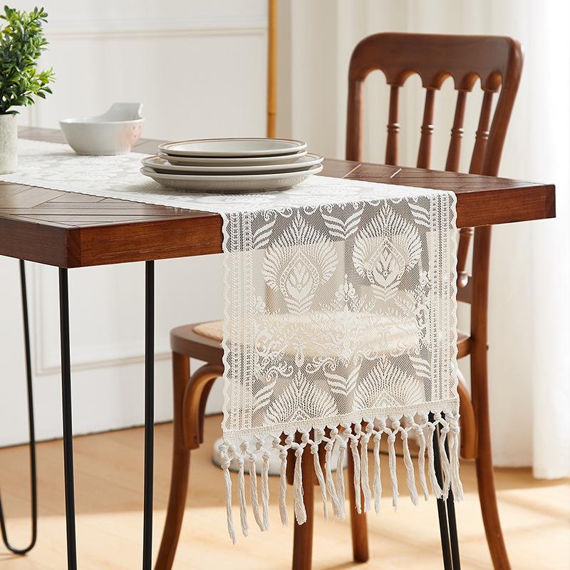 Elegant Nordic White Lace Table Runner with Crochet Tassels - Perfect for Dining or Coffee Tables, Ideal for Christmas Decor.