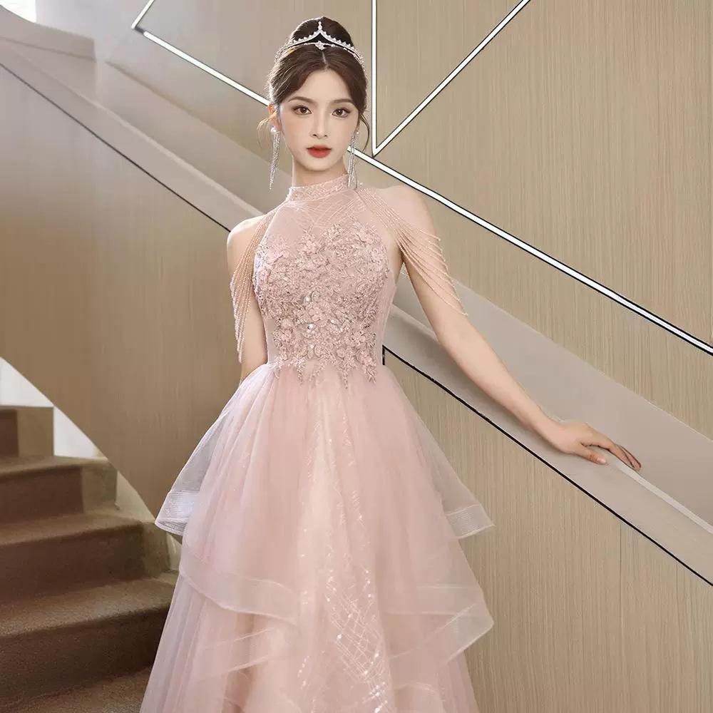 Host Art Test Evening Dress Dress Women's High-end Light Luxury Niche High-end Pink Engagement Toast Bride Robe