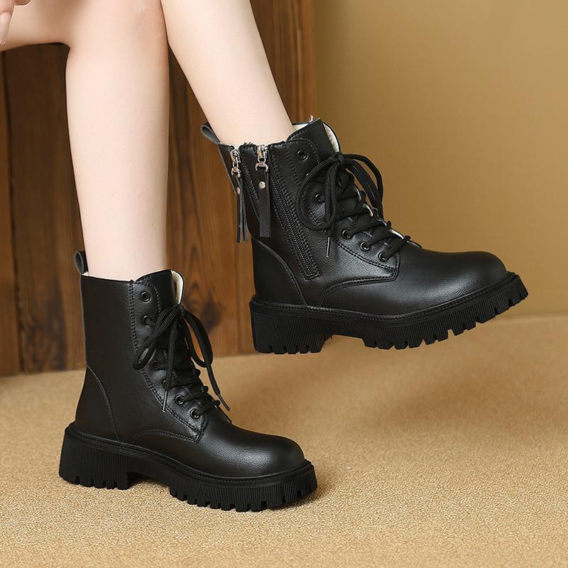 Women’s Winter Boots Casual Short Motorcycle Boots Girl Fashion Street Style Black Warm Ankle Boots with Fur Plus Size