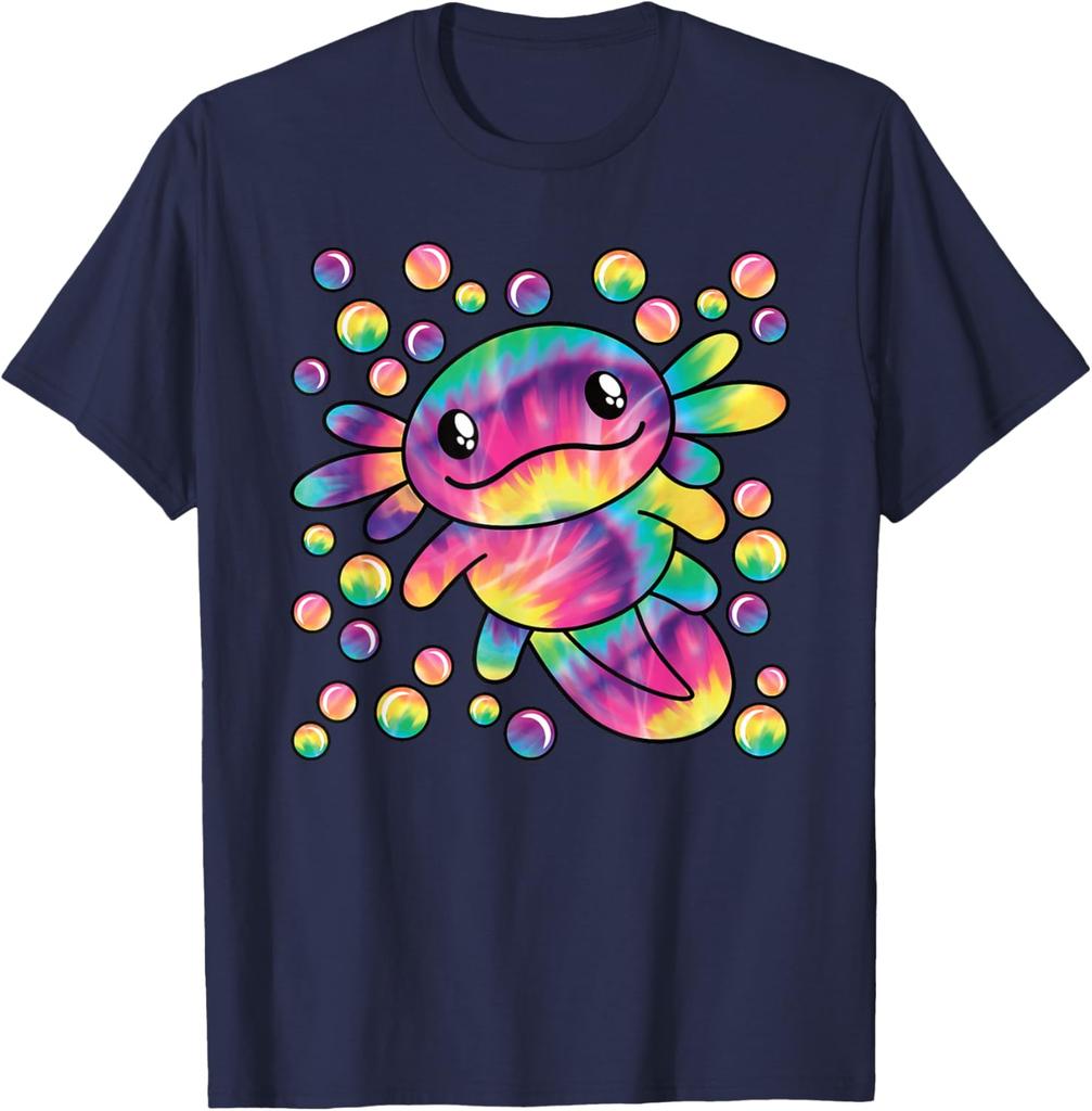Tie Dye Axolotl Kawaii Salamander Graphic Tee Breathable Short Sleeve T-Shirt Casual for Women Men