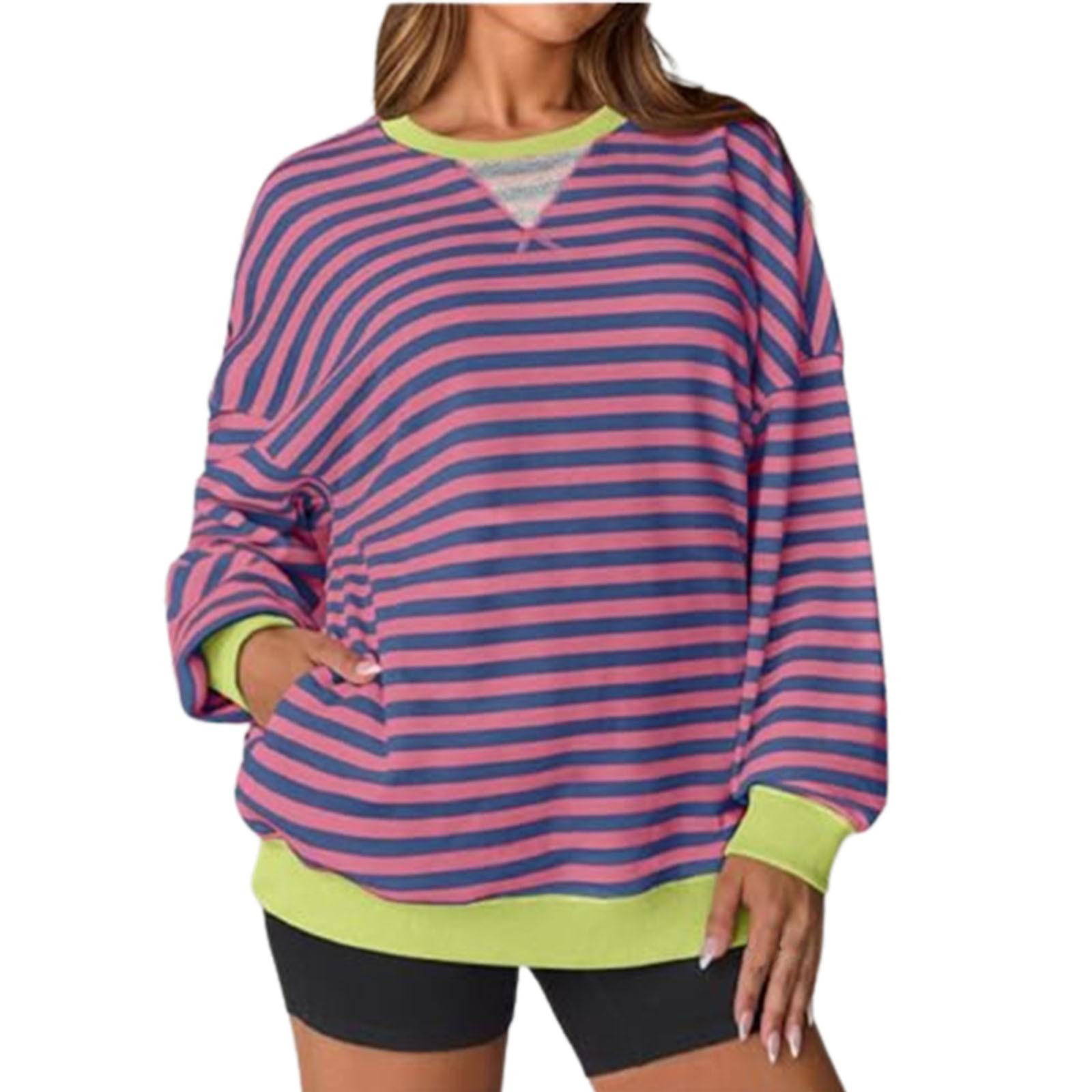 

Женская мода повседневная толстовка с длинным рукавом и круглым вырезом в полоску (с боковыми карманами) XL красный