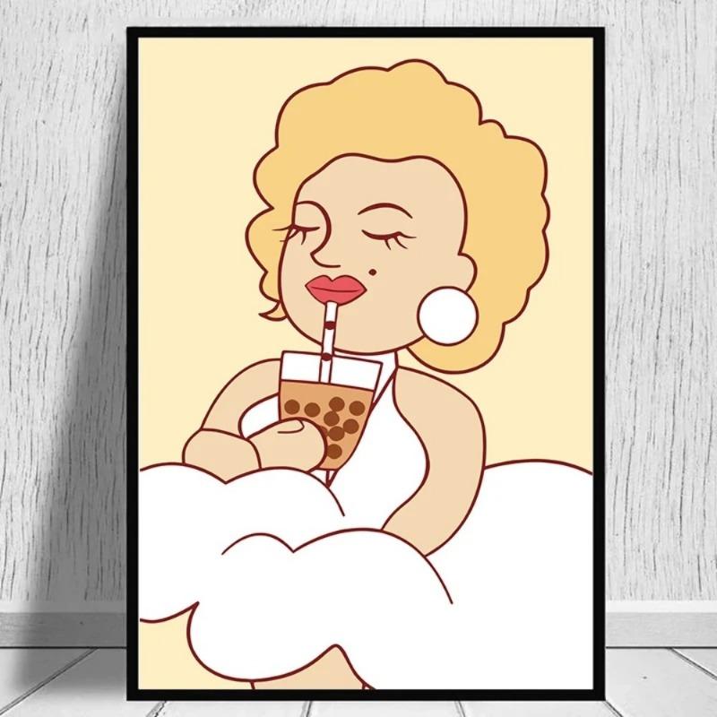 Funny Mona Lisa Bubble Tea Famous Portrait Cartoon Painting Art Print Poster Wall Living Room Home Decor