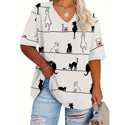 Women Top Cat Printed T-shirts Women's Oversized Clothes Tees Summer V-Neck Tops Shirt Original Design Cute Animal T-Shirts
