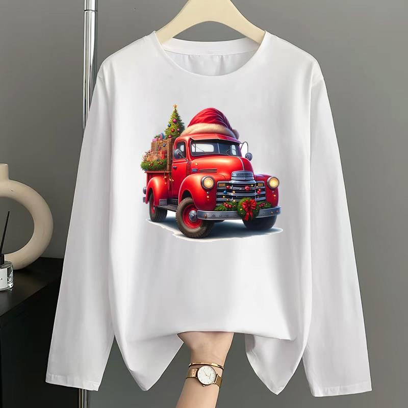 (Asian Size) Tree Watercolor Print T Shirt Christmas Holiday Graphic Tee Women Autumn Winter Casual Fashion Top Clothing Long Sleeve T-shirts