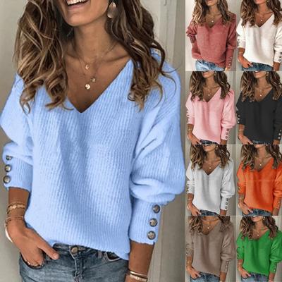 Women's Casual Sweater Pullover Autumn And Winter Loose Solid Color V-neck Knitted Sweater Tops