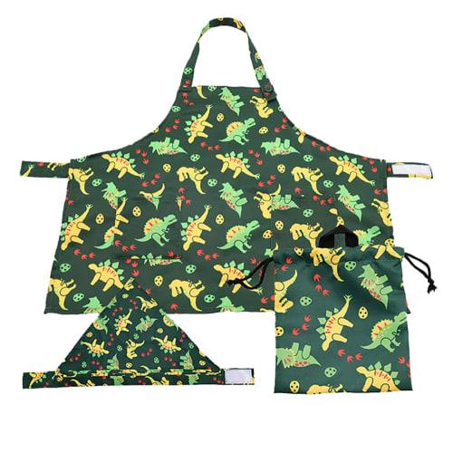 Yakusel Children's 3-Piece Apron Set with Storage Bag, Triangle Scarf, Drawstring Bag, Cooking Practice Apron, Size M, Dinosaur Design, Green, 50517