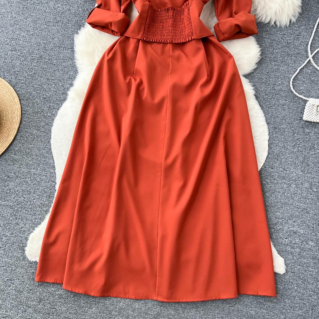 Aibeautyer nuevo Vintage Primavera Verano sólido ajustado botón vestido completo de señora una línea cuello vuelto gasa pulóver vestidos de mujer