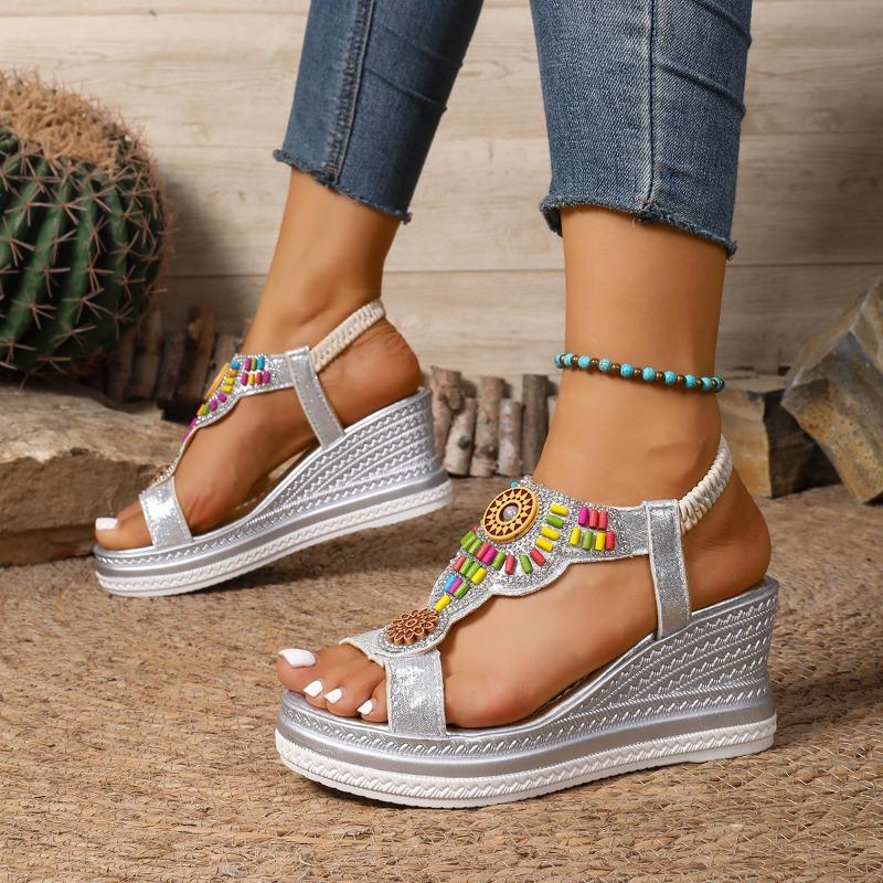 Fashion Ethnic Wedge Sandals Women's 2025 Summer New Beach Platform Non-slip Beaded Roman Shoes