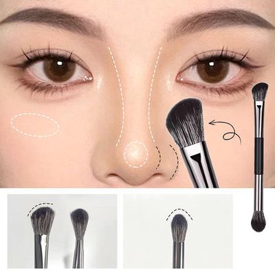 4Pcs Double Head Eyeshadow Brush Set With Dry Clean Sponge And Mirror Multifunction Concealer Highlight Eyeliner Travel Portable