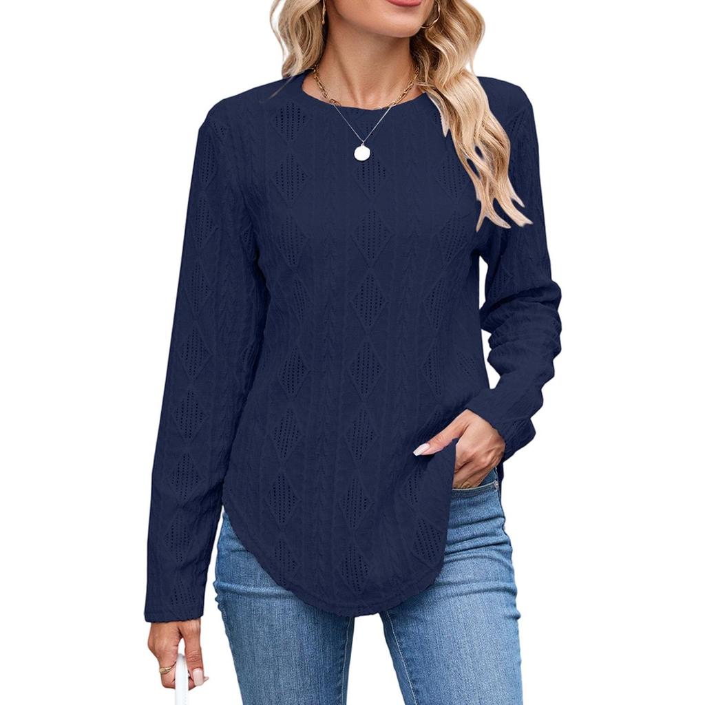 European and American Autumn and Winter Casual Round Neck Long Sleeve Curved Hem T-shirt Button Hollow Top