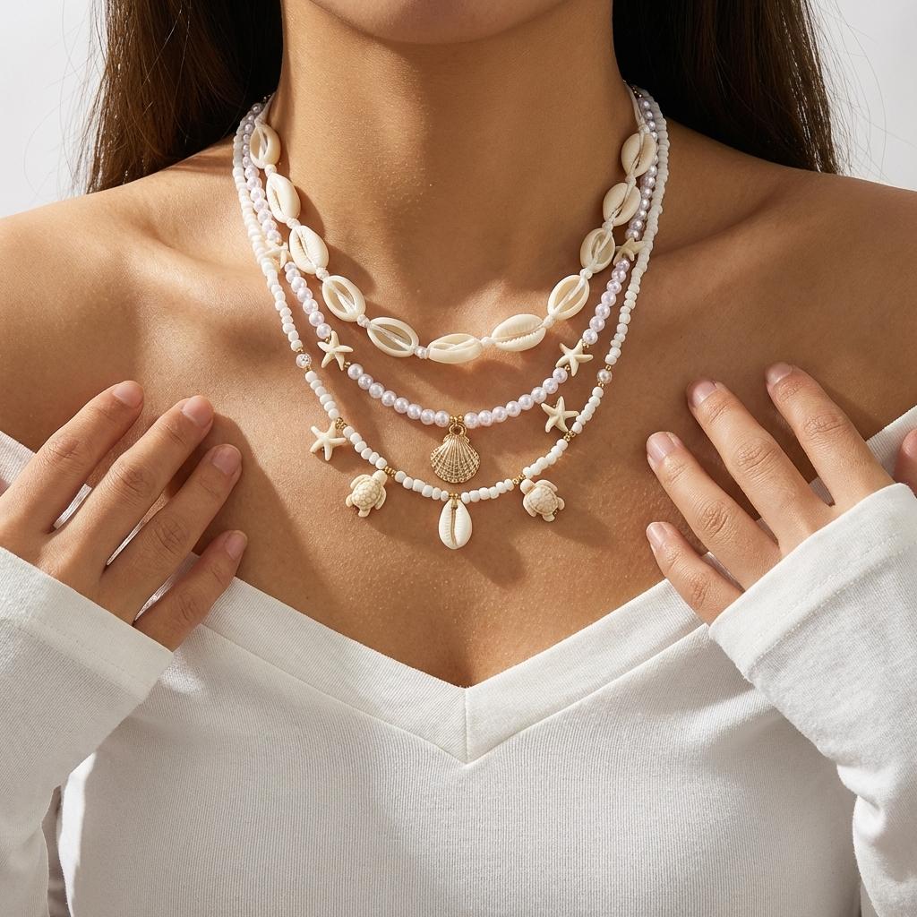 Shell Turtle Starfish Imitation Pearl Seed Bead Necklace 3-Piece Set Stacking Beach Vacation Style Accessory Daily Accessory