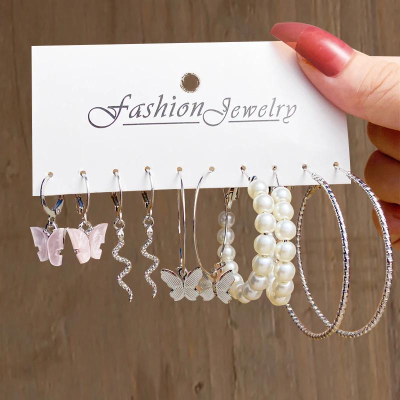 

New Silver Color Acrylic Pearl Hoop Earrings Set Boho Butterfly Twist Hollow Dangle Earring for Women Girls Trendy Jewerly Gifts