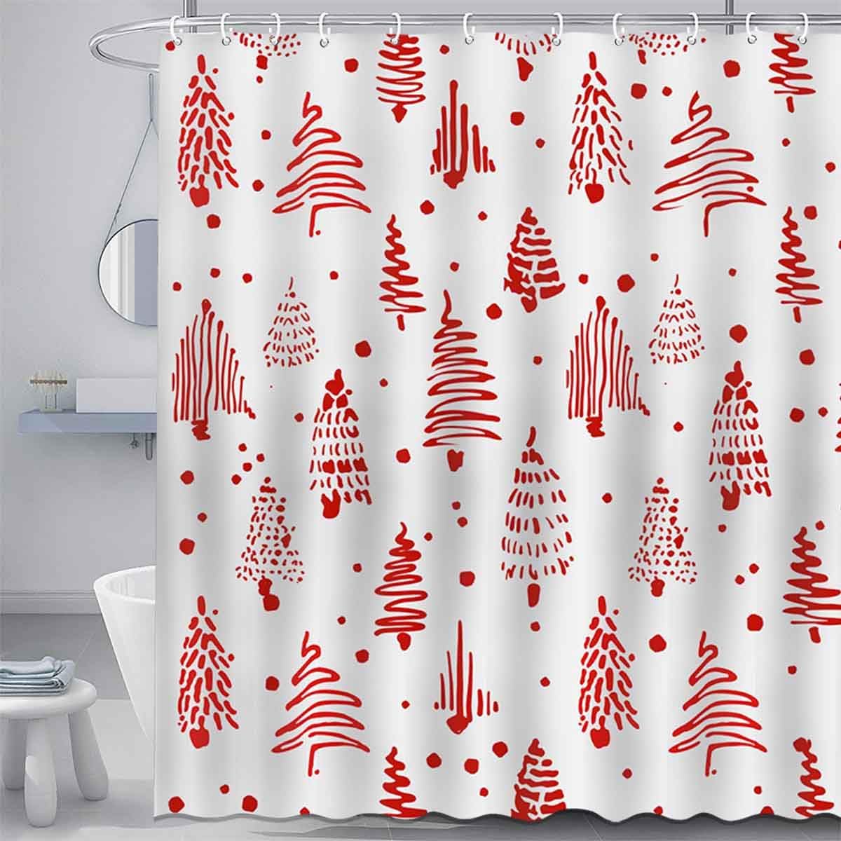 

Christmas Trees Shower Curtain Merry Christmas Red Bathroom Curtain Xmas Winter Polyester Fabric Shower Curtain Set With 12Hooks W60H190(CM)-1 Pcs