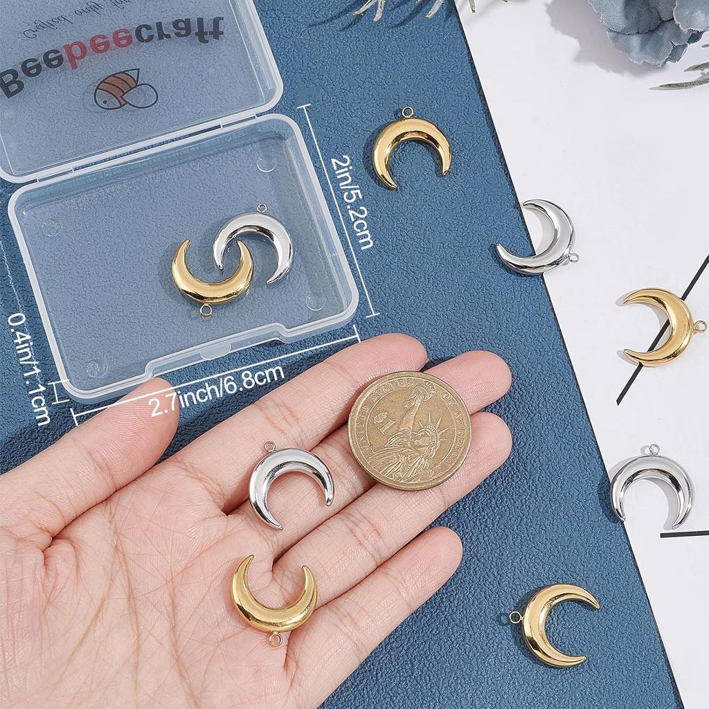 Beebeecraft 12Pcs 2 Colors 18K Gold Plated Moon Charm Silver and Gold Double Horn Dangle Charms with Plastic Box for DIY Necklace Earrings Bracelet