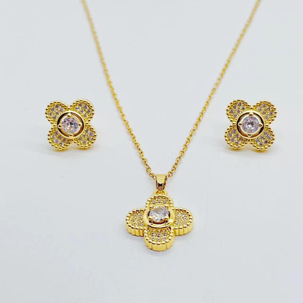 2 bucăți cupru micro incrustat zircon diamant complet trifoi cu patru foi mic, proaspăt, lumină, lux, versatil, colier de cercei set din două piese