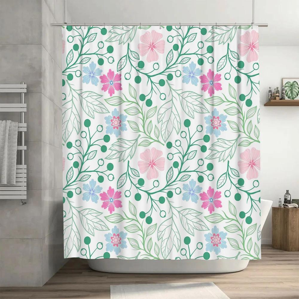 Beautiful floral shower curtain set with green leaves, pink flowers, blue berries perfect for bathroom decor
