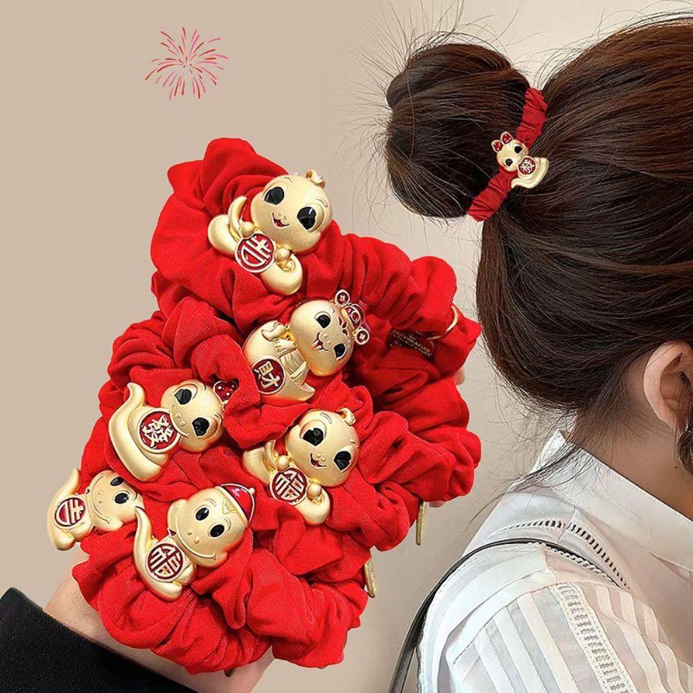 Rhinestone New Year Hair Rope Red Chinese Style Bracelet Elastic Snake Year Hair Ring  Girls
