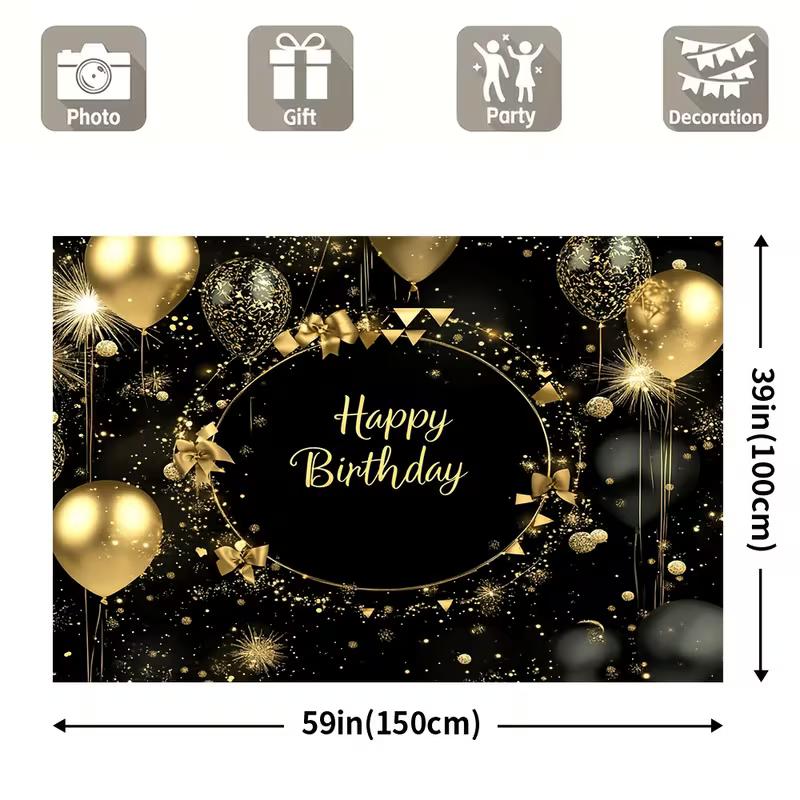 2D Glitter Balloon Birthday Backdrop, Black Gold Themed Party & Photoshoot Banner