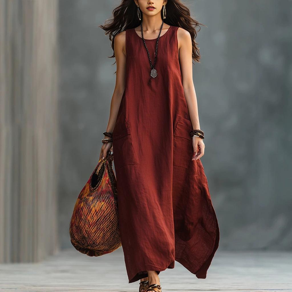 Women Sleeveless Loose Fit Vintage Style Dress Two Pockets Casual Long Maxi Dress Lightweight Summer Dress
