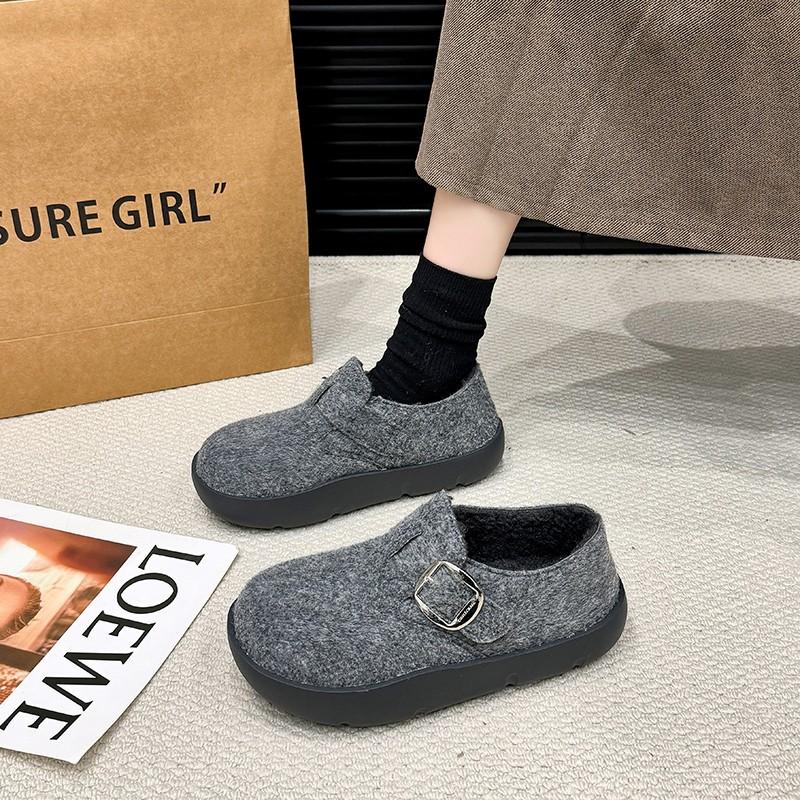 Fashion Winter New Flat Shoes Women's Fashion Round Head Suede Deep Mouth Metal Buckle Thick Soled Cotton Shoes