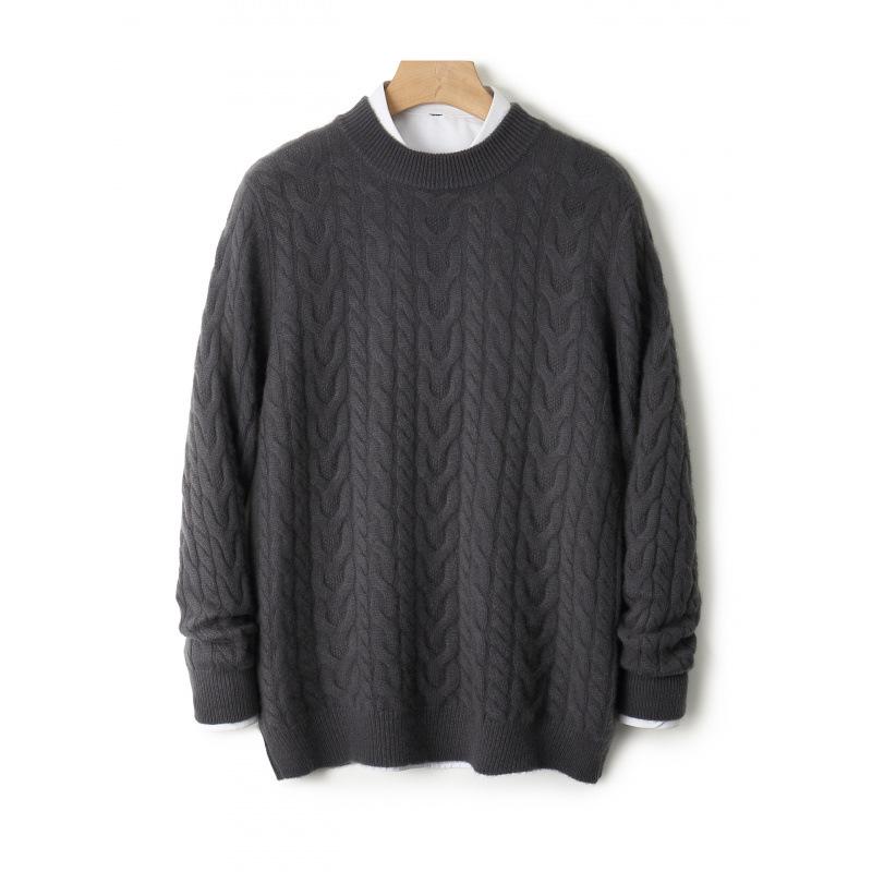 Men's Thickened Pure Wool Half-High Collar Cable Knit Sweater - Autumn Winter Loose Business Casual Base Layer