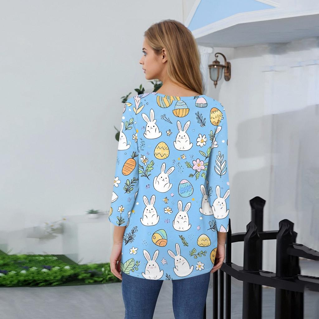 Damen T-Shirt mit Aufdruck, Knopfleiste, 3/4-Ärmel, für den Alltag, Wochenendmode, Basic, V-Ausschnitt, normales Oberteil