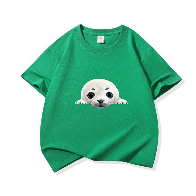Kids Cotton T Shirt Cute Peeking Seal Print Crew Neck Short Sleeve Tee Casual Breathable Boys Girls Summer Tops