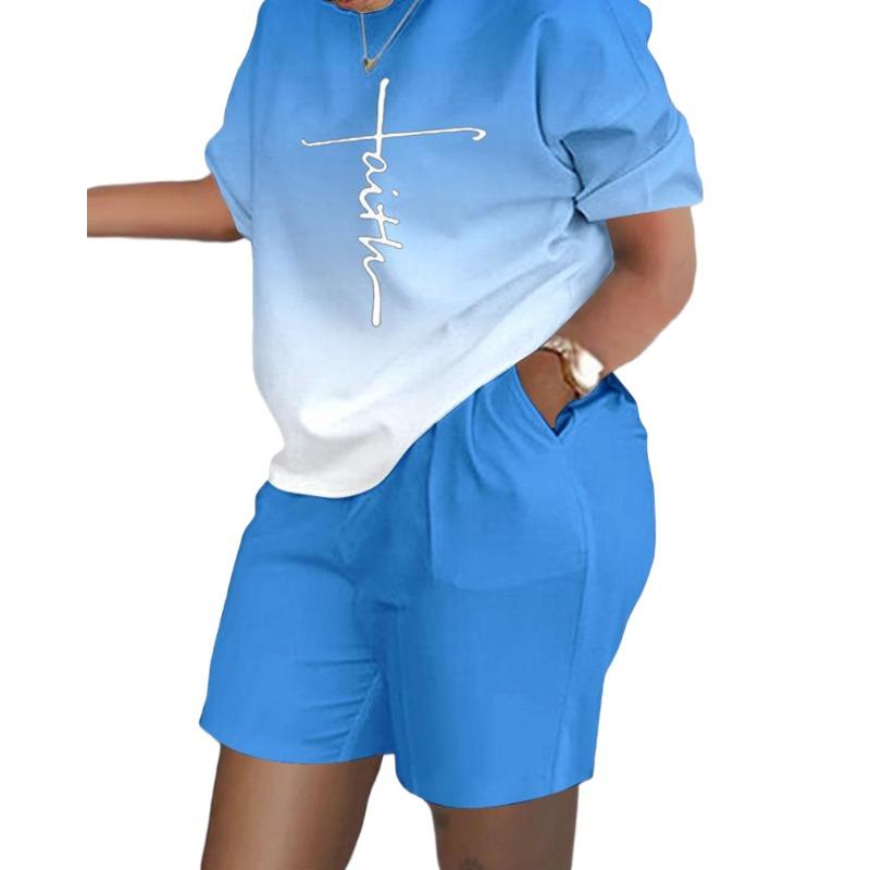 YYFS Women's Fashion Casual Summer Spring Colour Block Print Short Sleeve O-Neck Trousers Pants Suits