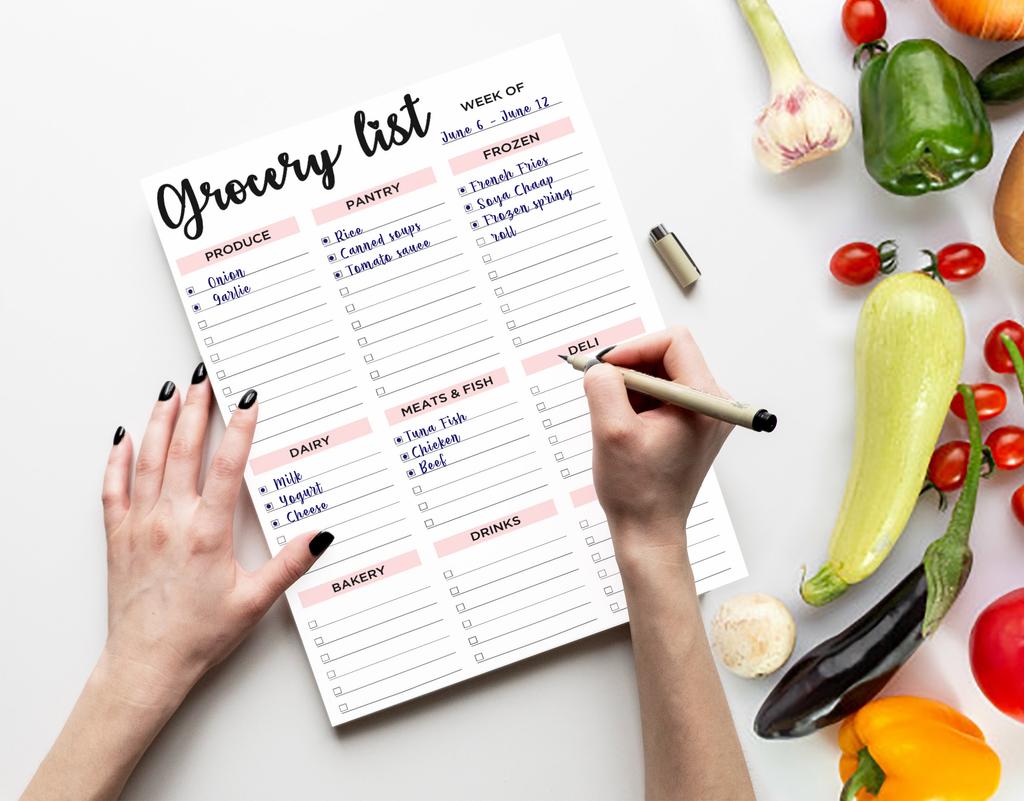 Inkdotpot Grocery List Notepad 6 x 9 inches Magnetic Note pad with Printed Shopping List Items and Blank Grocery Shopping Spaces