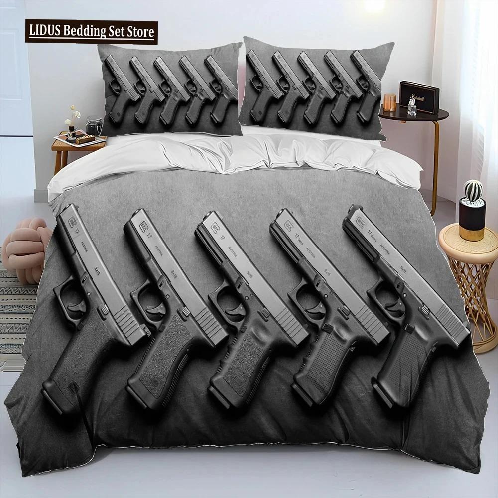 3D Gevär Revolver Patron Vapen Täckset Sängkläder, Påslakan Sängset Quiltöverdrag Örngott, King Queen Storlek Sängklädesset