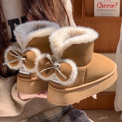 New Thick-soled Heightening Wool Bow Cotton Boots Winter New Velvet Warm and Non-slip Couple Snow Boots