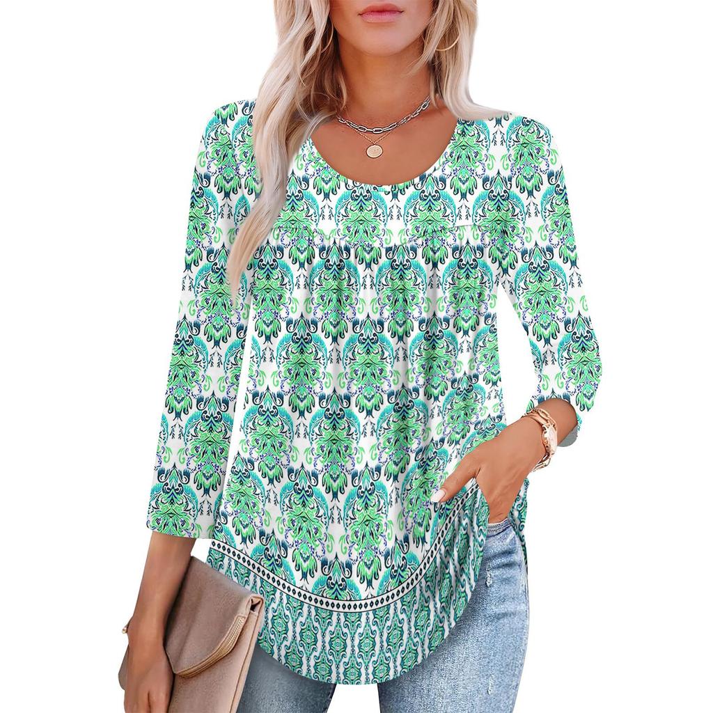 Women's Fashion Seven Sleeve Top Round Neck Pleated Casual Printed Top