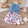 Middle and Small Children's Summer Girl Denim Patchwork Printed Vest Dress