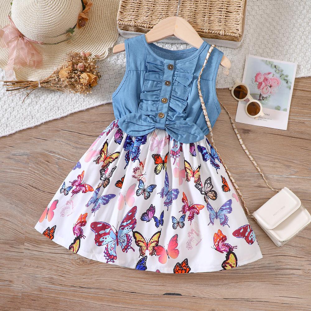 Middle and Small Children's Summer Girl Denim Patchwork Printed Vest Dress