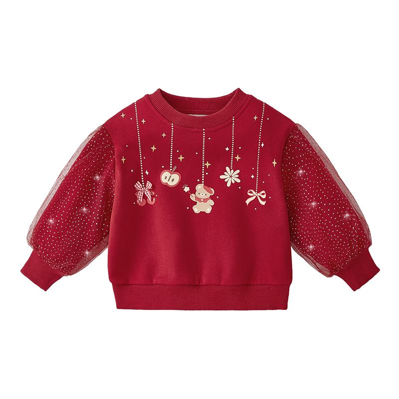 Girls' Red Autumn/Winter Round Neck Hoodie Pullover