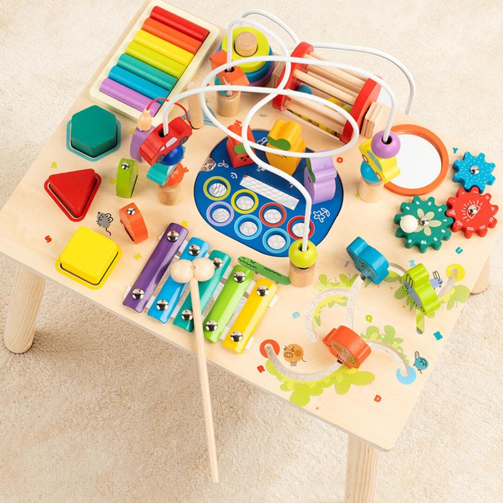 Wooden Busy Board Table Interactive Activity ChildSized Furniture for Young Children,