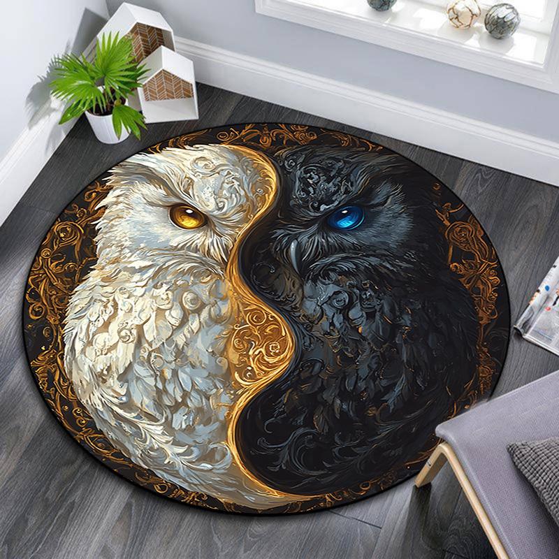 Yin Yang Owl Round Area Rug,Carpet Rug for Living Room Bedroom Sofa Playroom Decor,Non-slip Floor Mat
