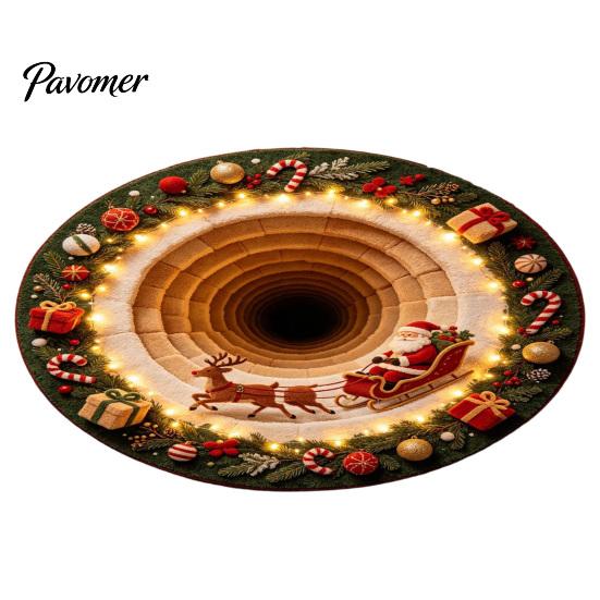 Unique Seasonal Gift Rugs Christmas Round Area Rug, 3D Visual Trap Floor Mat with Santa Elk Print, Soft Crystal Velvet Carpets Non-Slip Stain