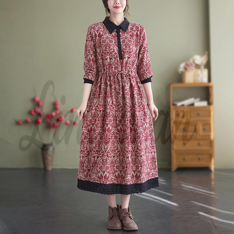 Autumn Literary Print Dress: Long-Sleeved, Cotton-Linen, Loose Fit, Extended Style with Shirt Collar