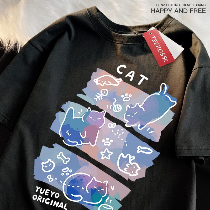 Αστεία Άτακτη Γάτα Μοτίβο Ιαπωνικού Στυλ T-Shirts Ανδρικά Γυναικεία Μόδα T-shirts Αναπνέον Καλοκαιρινά T-shirts Βαμβακερά Φαρδιά Μπλουζάκια Ρούχα