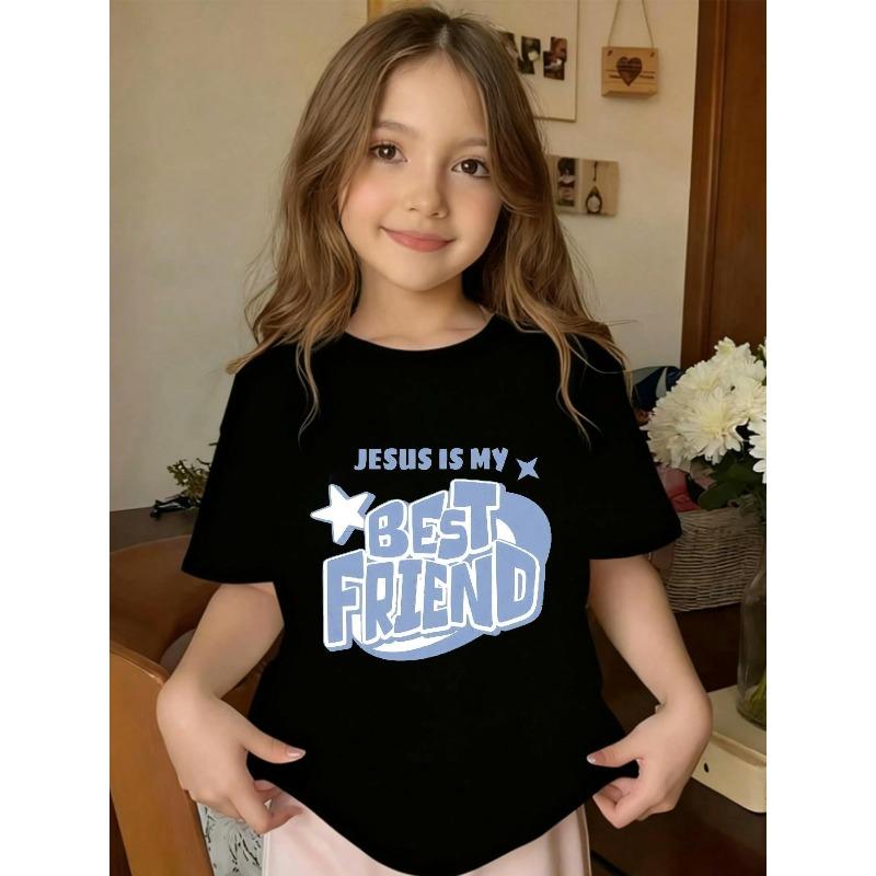 European Size Girls Round Neck Short Sleeved T Shirt with Unique English Print Best Friend