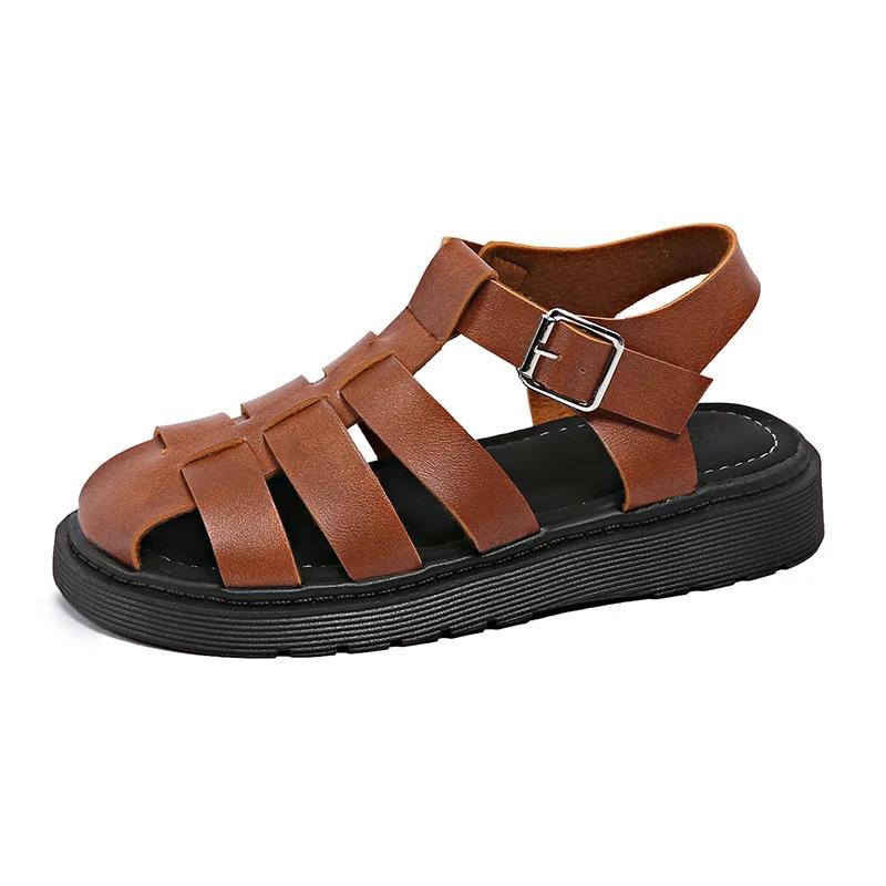Fashion Closed Toe Hollow Out Roman Sandals for Women 2025 Summer Comfort Outdoor Beach Shoes Woman Fashion Pu Leather Platform Sandals