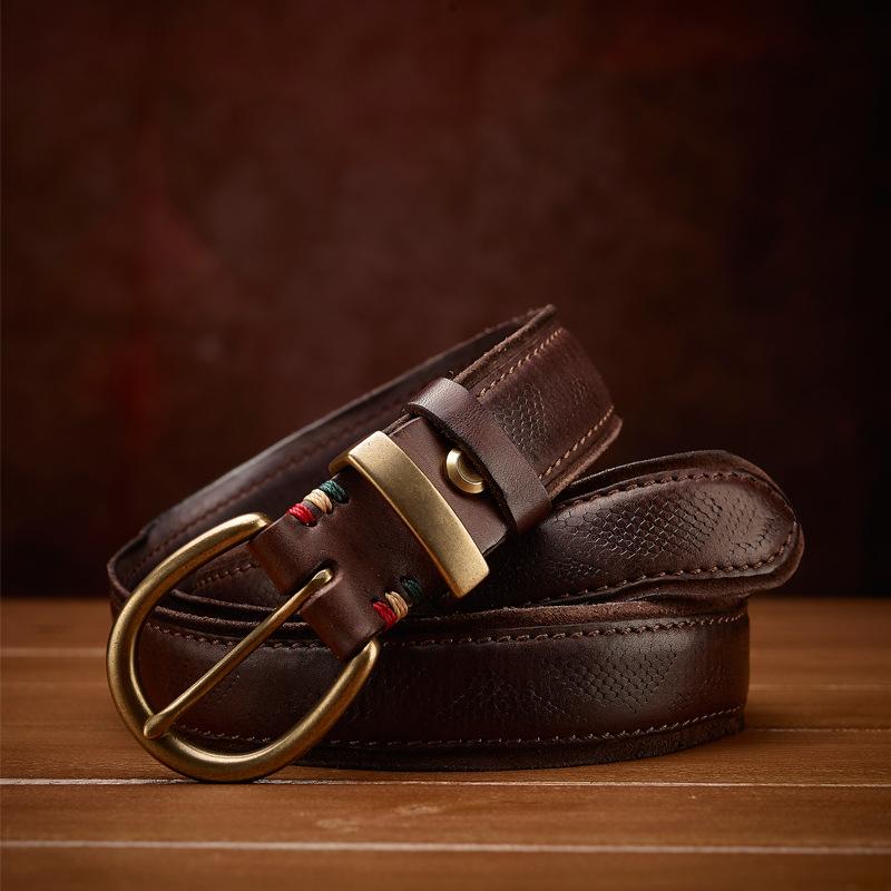 

Утолщенный мужской ремень ручной работы, ремень из коровьей кожи первого слоя, персонализированный модный плиссированный ремень с медной пряжкой 130cm