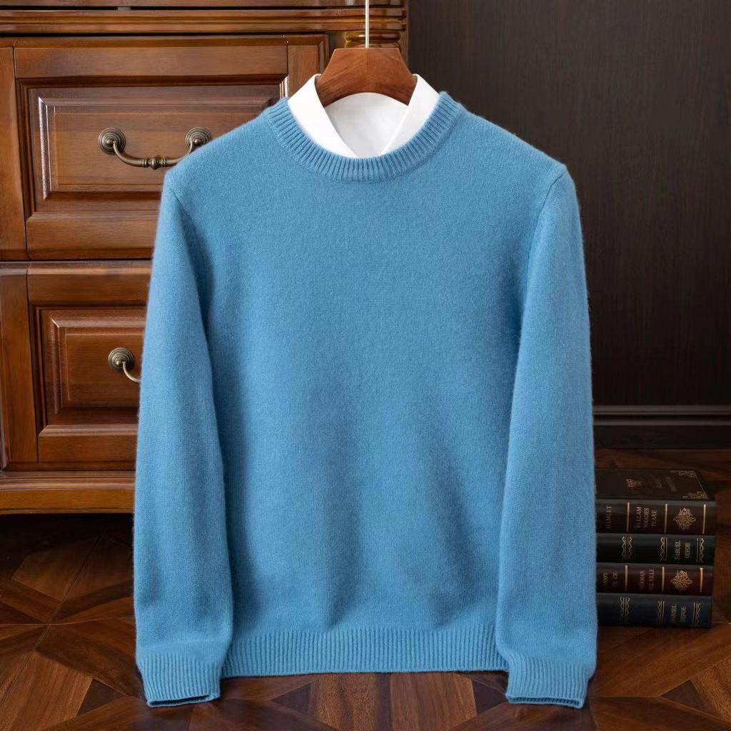 Men's Round Neck Pure Wool Pullover Sweater – Solid Color Knit Base Layer