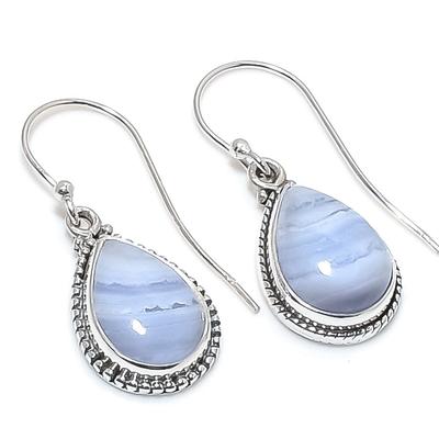 Natural Blue Lace Agate Gemstone 925 Solid Sterling Silver Earring 1.25" V3a26