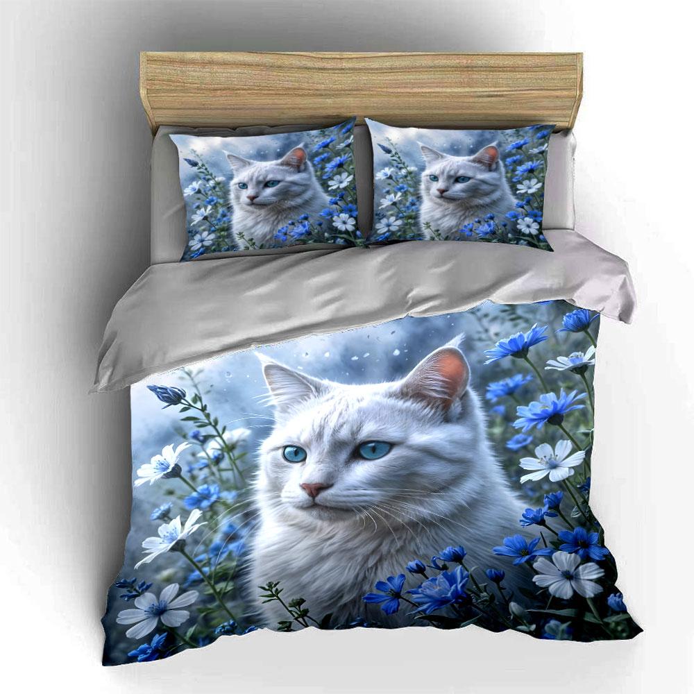 "Floral Cat Art Decoration Set" Soft Skin-Friendly Bedding Set Includes 1 Duvet Cover And 2 Pillowcase, Gift