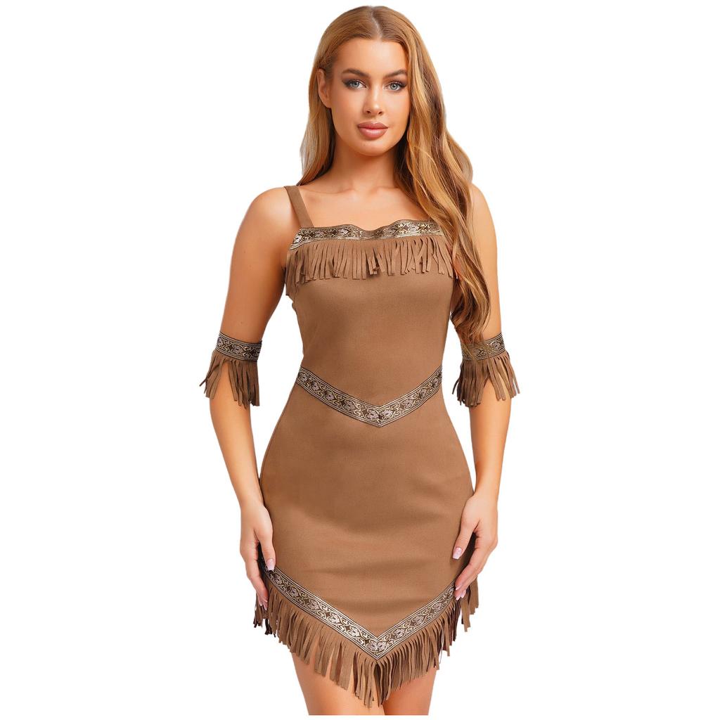 Womens Native Tribe Princess Cosplay Dress Armbands Retro Pattern Trim Tassel Irregular Hem Sling Aboriginal Faux Suede Costume