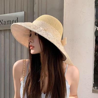 Summer Travel Easy To Carry French Lace Floral Bow Straw Hat Large Brim Sunshade Beach Color Glue Sunscreen Hat