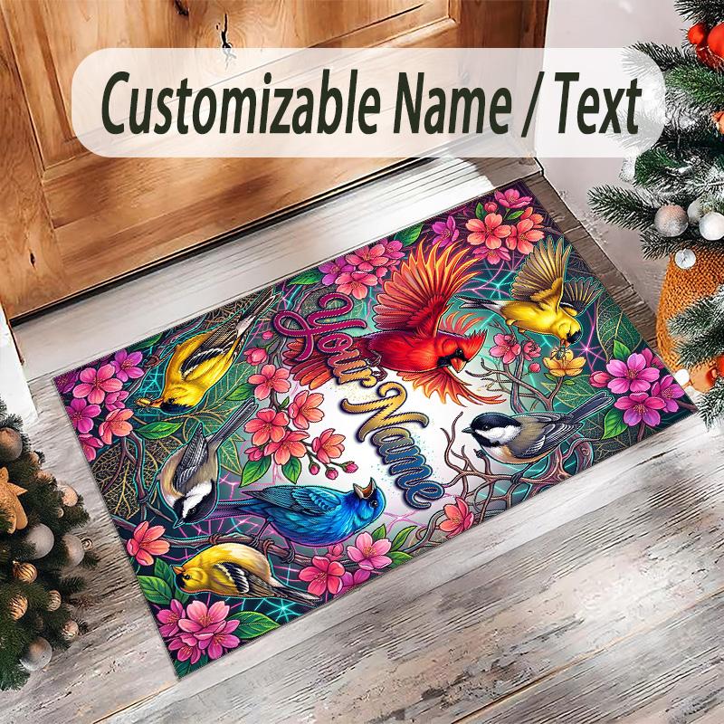 Birds Theme Crystal Velvet Floor Rug Personalized Custom Name Text Warm Carpet Home Decoration